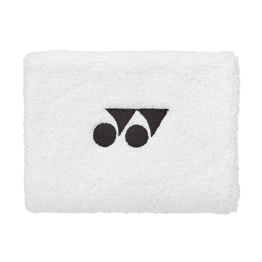 The Yonex AC492 Padel Wristband in white features a black logo incorporating circles and triangles. Its soft, textured fabric makes it ideal for use on the court.