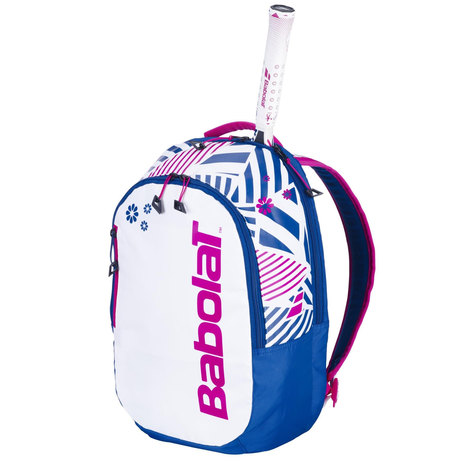 The Babolat Kids Padel Backpack in blue, white, and pink features recycled materials, geometric patterns, floral motifs, and a top compartment for displaying a racket handle. Ideal as a children's tennis racket bag.