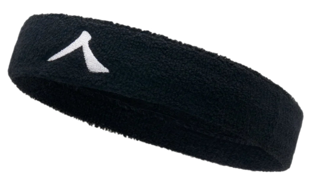 Introducing the Kanso 4cm Headband - Black, made from absorbent black fabric for comfort. It features a soft texture and a white embroidered logo with a curved, upward design on one side against plain white.