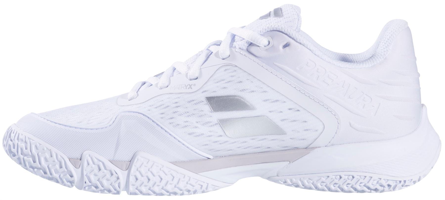 The Babolat Premura 3 Women's Padel Shoe in white and silver features a textured sole, mesh upper, lace-up closure, and subtle gray accents, shown from the side.