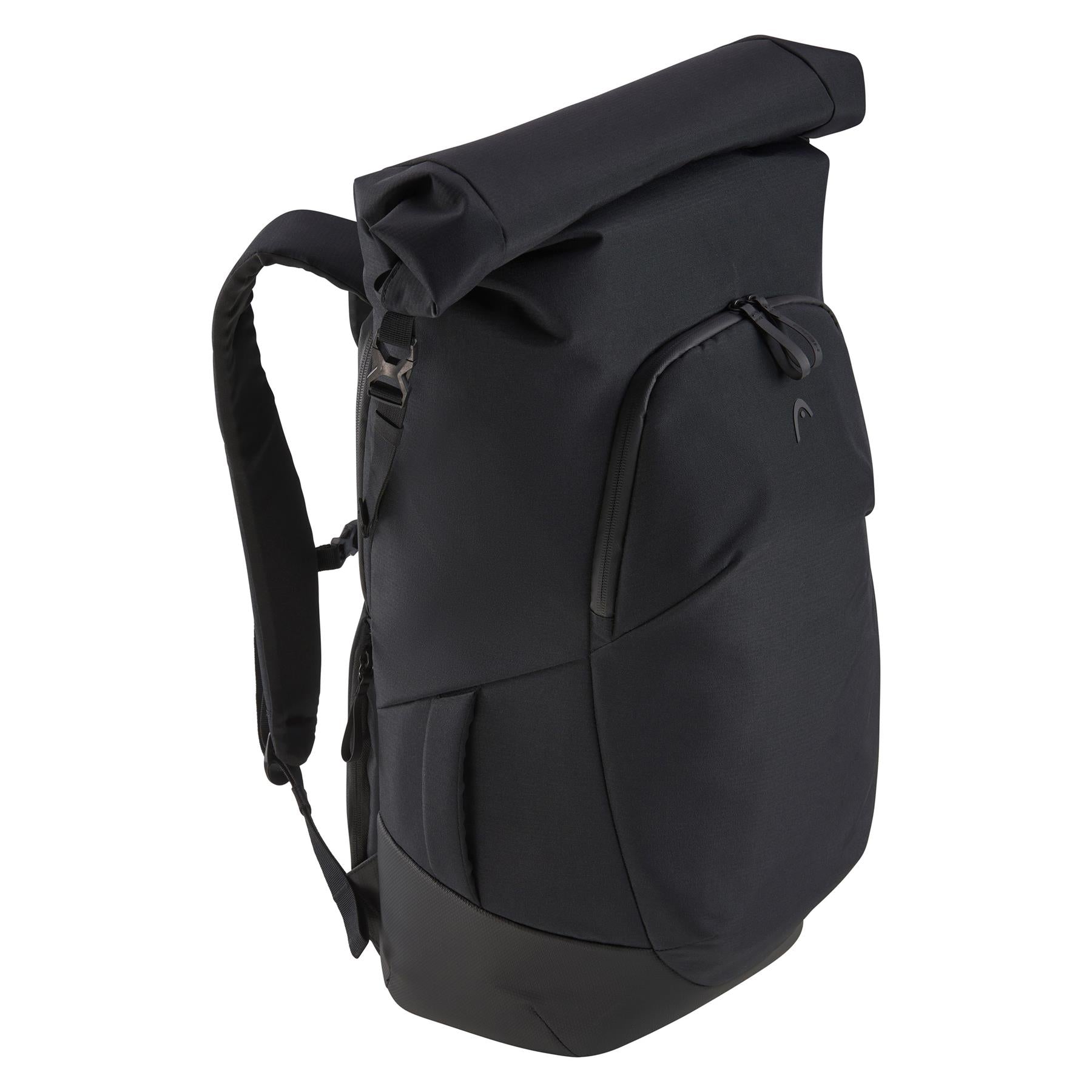 The HEAD Pro X Raqpack Padel Backpack - Black by HEAD is a stylish roll-top backpack that comes with several compartments, including one specifically for rackets, and features padded shoulder straps. Its sustainable design stands out elegantly against a white backdrop.