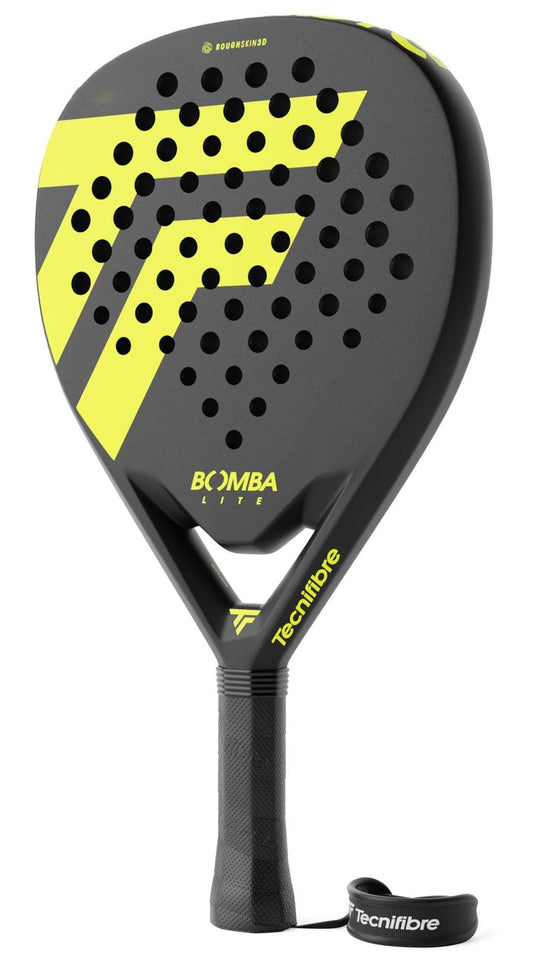 The Tecnifibre Bomba Lite Padel Racket features a black and yellow design, fibreglass face with perforated surface, "BOOMBA LITE" label, and a black handle with wrist strap.