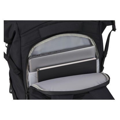 The HEAD Pro X Raqpack Padel Backpack in black showcases a thoughtfully arranged interior featuring light gray compartments. A laptop and tablet fit comfortably inside, enhanced by a dedicated compartment designed for holding rackets, adding to its versatility.