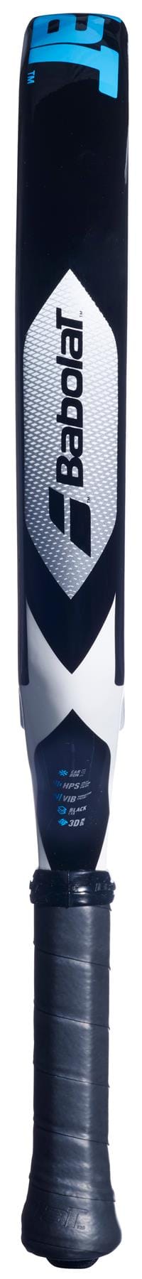 The Babolat Air Veron 2.6 Padel Racket features a black grip-wrapped handle, a white and black design with blue geometric accents, the Babolat logo, and advanced CarbonFlex technology.