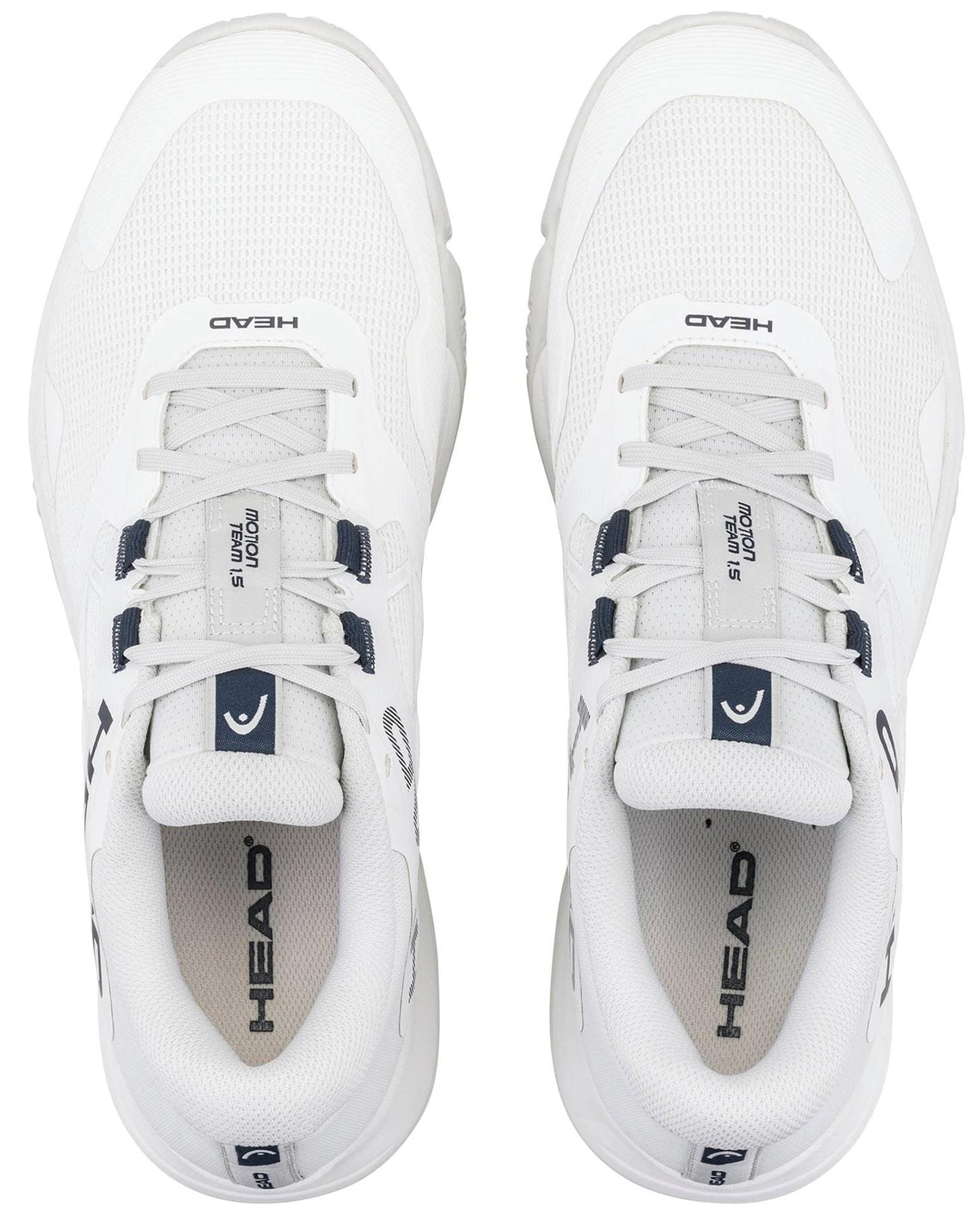 The HEAD Motion Team 1.5 Men's Padel Shoes in white feature lace-up closures, mesh detailing, and HEAD logos on the tongues and insoles—perfect for World Padel Tour fans.