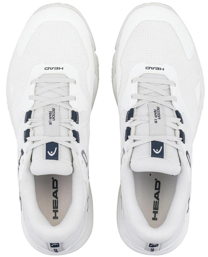 The HEAD Motion Team 1.5 Men's Padel Shoes in white feature lace-up closures, mesh detailing, and HEAD logos on the tongues and insoles—perfect for World Padel Tour fans.