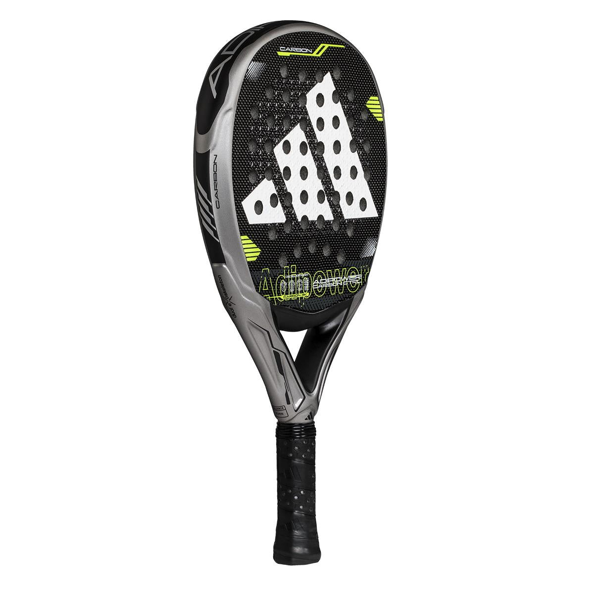 Introducing the ADIDAS Adipower Carbon CTRL 3.4 Padel Racket by adidas, featuring a sleek black and grey design with a striking white trefoil logo. Its round frame boasts gray and yellow accents with bold yellow "Adipower," enhanced by Spin Blade Mold technology and a textured grip for superior control.