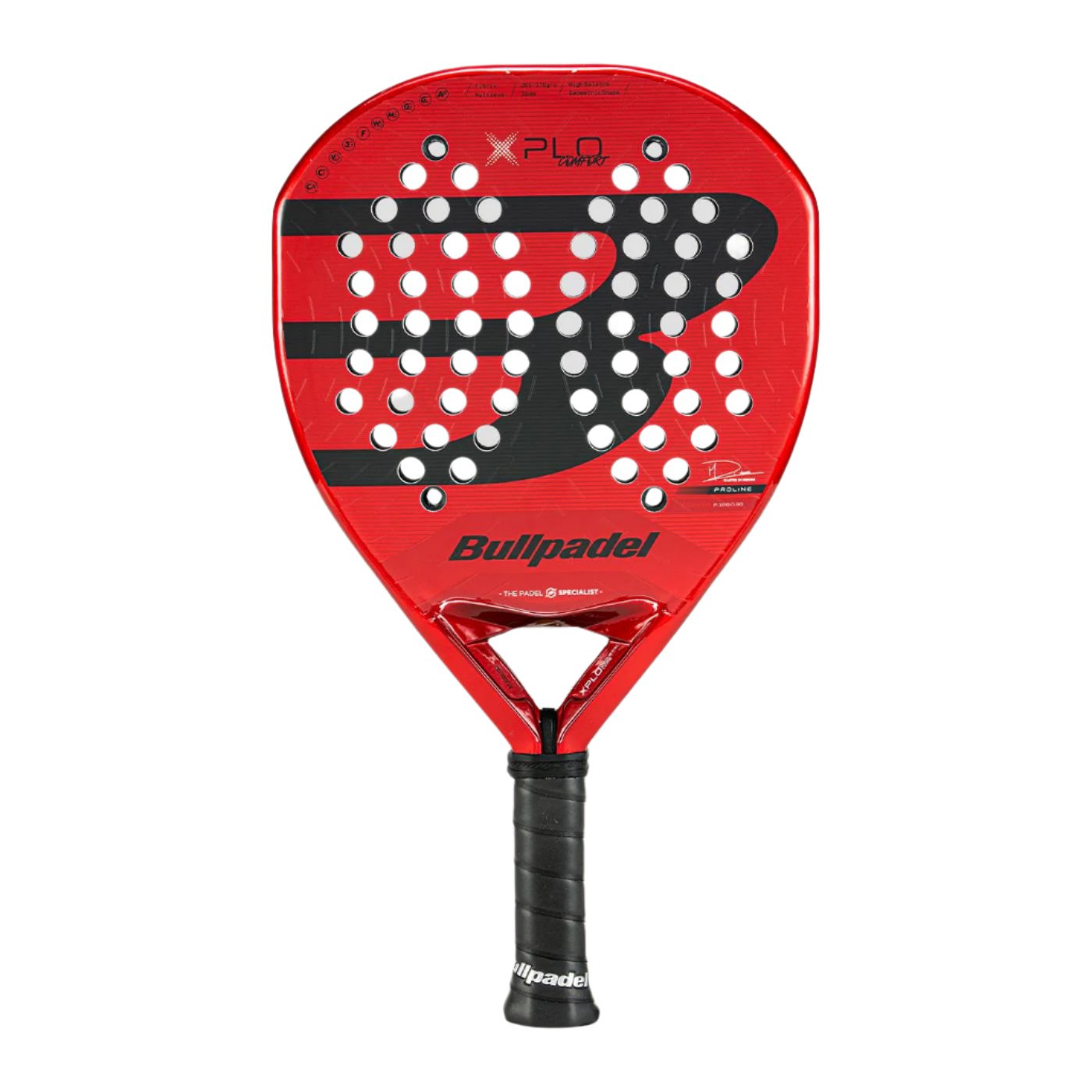 The Bullpadel Xplo Comfort 2025 Padel Racket in red and black features a striking large black "B" design on the face. Its many circular holes are engineered for explosive power, while the sleek black handle is finished with the Bullpadel logo at its base.