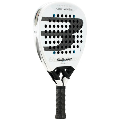 The Bullpadel Vertex 05 2026 Padel Racket by Bullpadel features a white and black design with a black grip and large face perforations, shown upright against a white background.