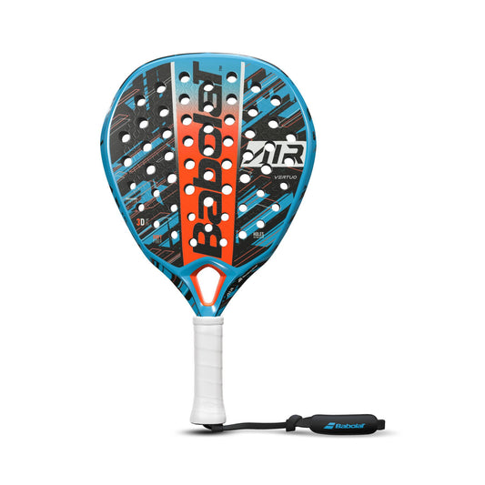 The Babolat Air Vertuo Padel Racket - Blue / Black is a contemporary racket boasting a blue and black geometric design complemented by an orange accent at the center. Renowned for delivering effortless power and minimizing vibrations, it prominently displays the Babolat brand name. Additionally, it features a white grip and includes a wrist strap attached to the handle.