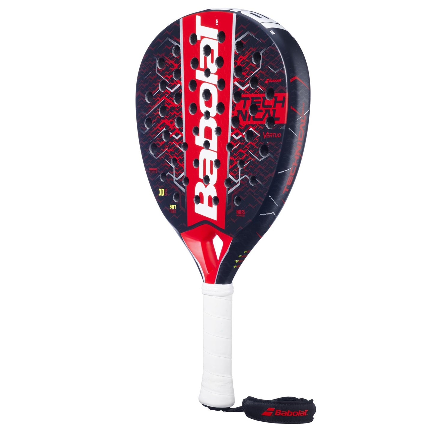 The Babolat Technical Vertuo 2.5 Padel Racket in red and black features a white grip, bold red Babolat branding, and a branded wrist strap. It delivers effortless power and precision on the court.