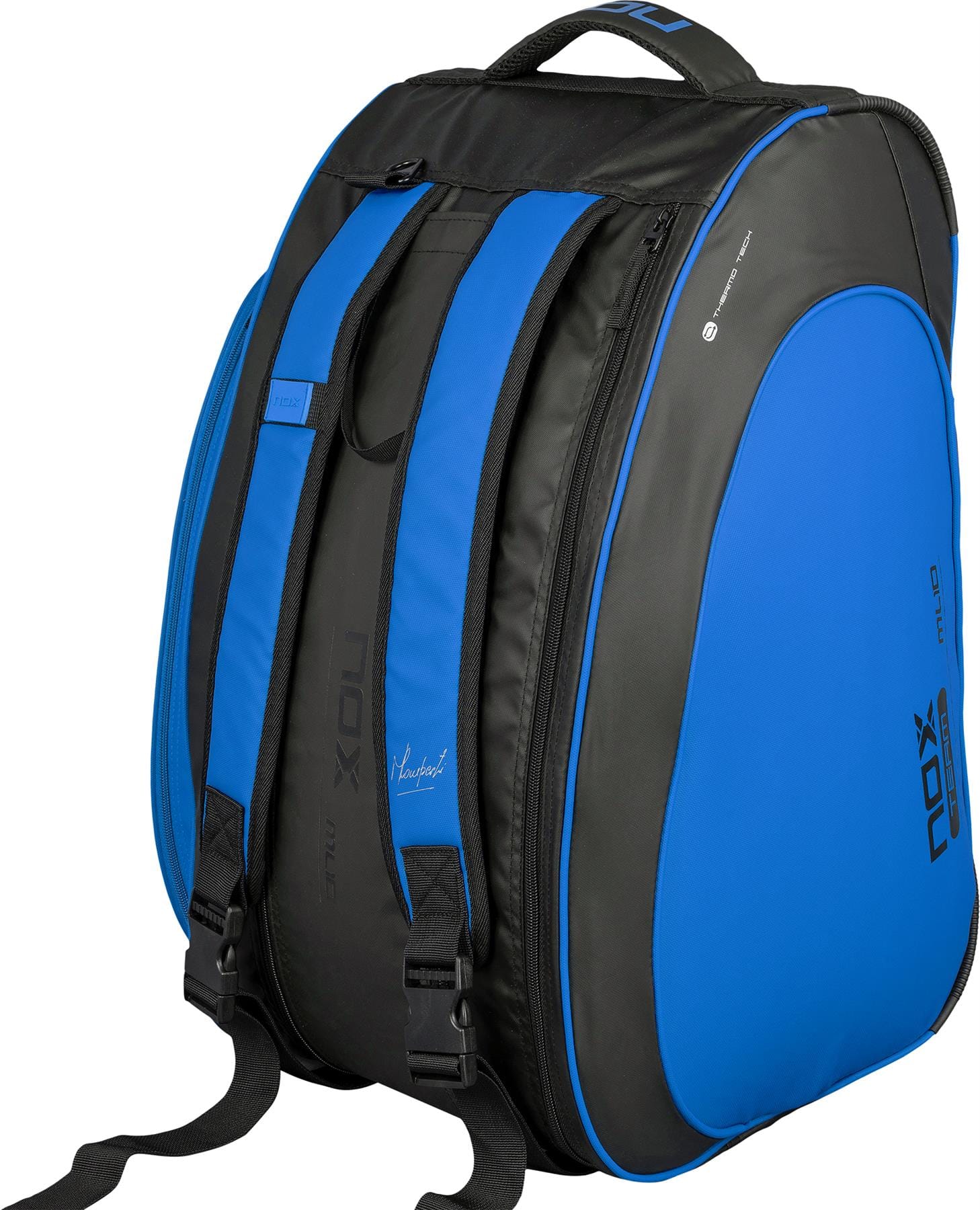The NOX ML10 Team Padel Racket Bag in black and blue features multiple zippered compartments, shoulder straps, a top handle, and the NOX logo—a stylish choice for padel players seeking function and modern design.