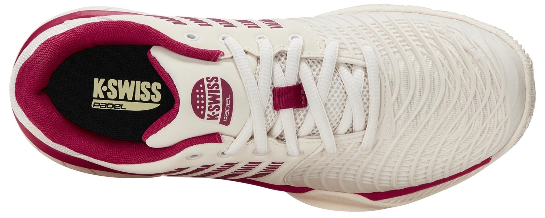 Top view of K-Swiss Express Light 3 Womens Padel Shoes in Jet Stream/Beaujois/Jazzy with mesh details and K-Swiss branding on the insole and tongue—ideal lightweight performance shoes for the padel court.