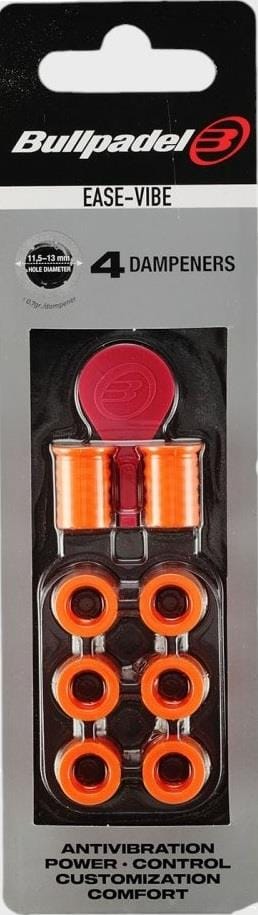 A pack of Bullpadel Ease Vibe Padel Dampeners in fluorescent orange offers four antivibration racket dampeners for power, control, comfort, and customization—perfect accessories from Bullpadel.