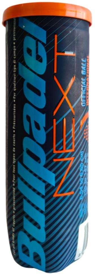 A dark blue cylindrical tube of Bullpadel NEXT Padel Balls - 3 Ball Tube by Bullpadel, featuring an orange lid and bold blue and orange label text.