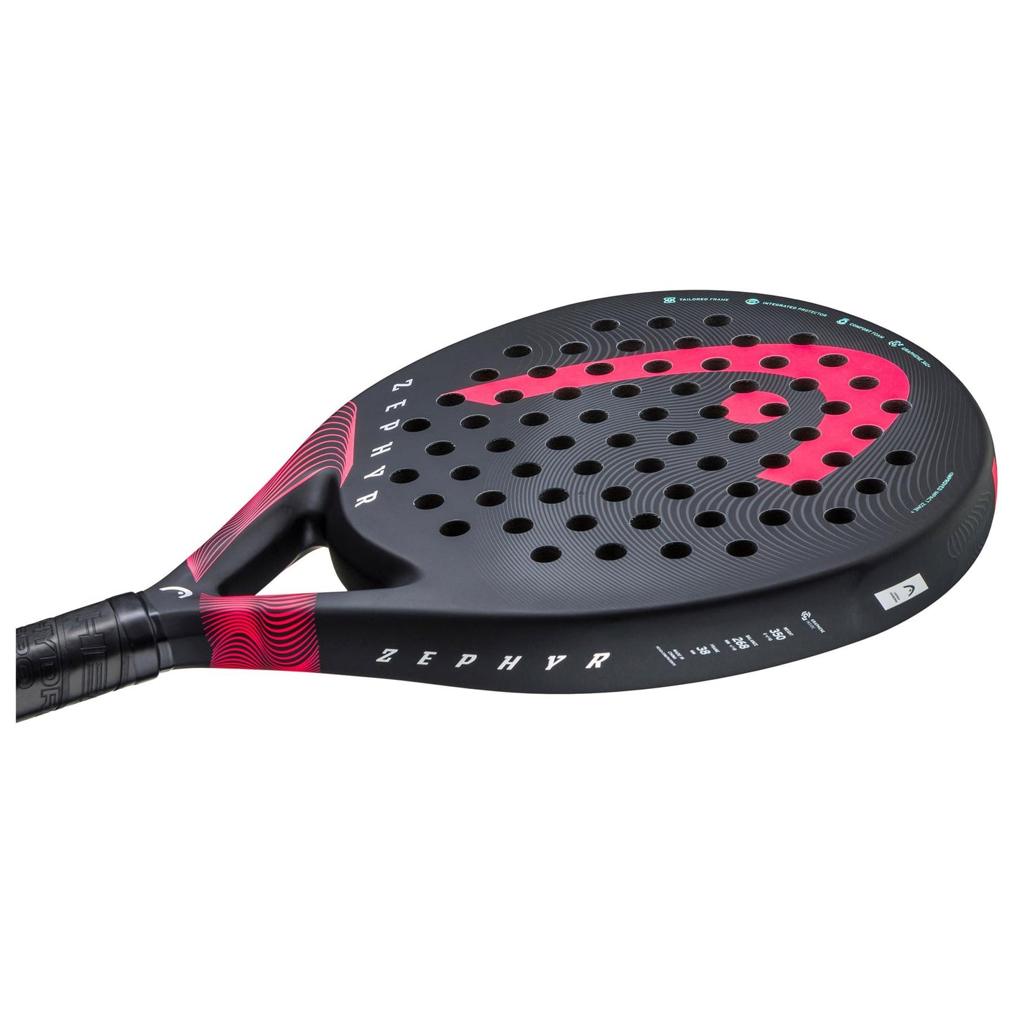 The HEAD Zephyr 2023 padel racket boasts a sophisticated black design complemented by vibrant pink accents and perforations. Its textured grip provides excellent control, while the Graphene 360+ technology and Power Foam enhance performance. The name "Zephyr" is prominently featured on the side.