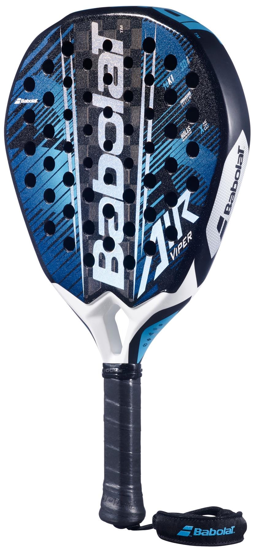 The Babolat Air Viper 2.6 Padel Racket by Babolat showcases a black and blue design, a 16K carbon perforated surface, a black grip with tape, and a wrist strap featuring the Babolat logo.