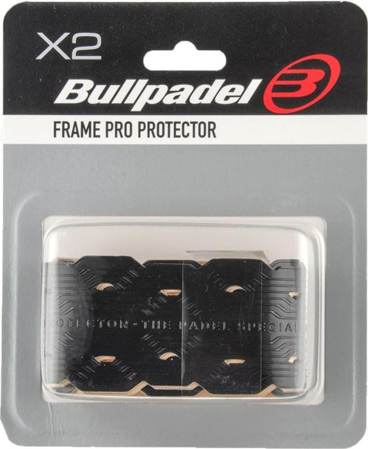 The Bullpadel Pro Frame Protector X2 Padel Racket Protection Strip in black comes as a set of two, featuring embossed protectors from Bullpadel, packaged in clear plastic with grey cardboard backing.