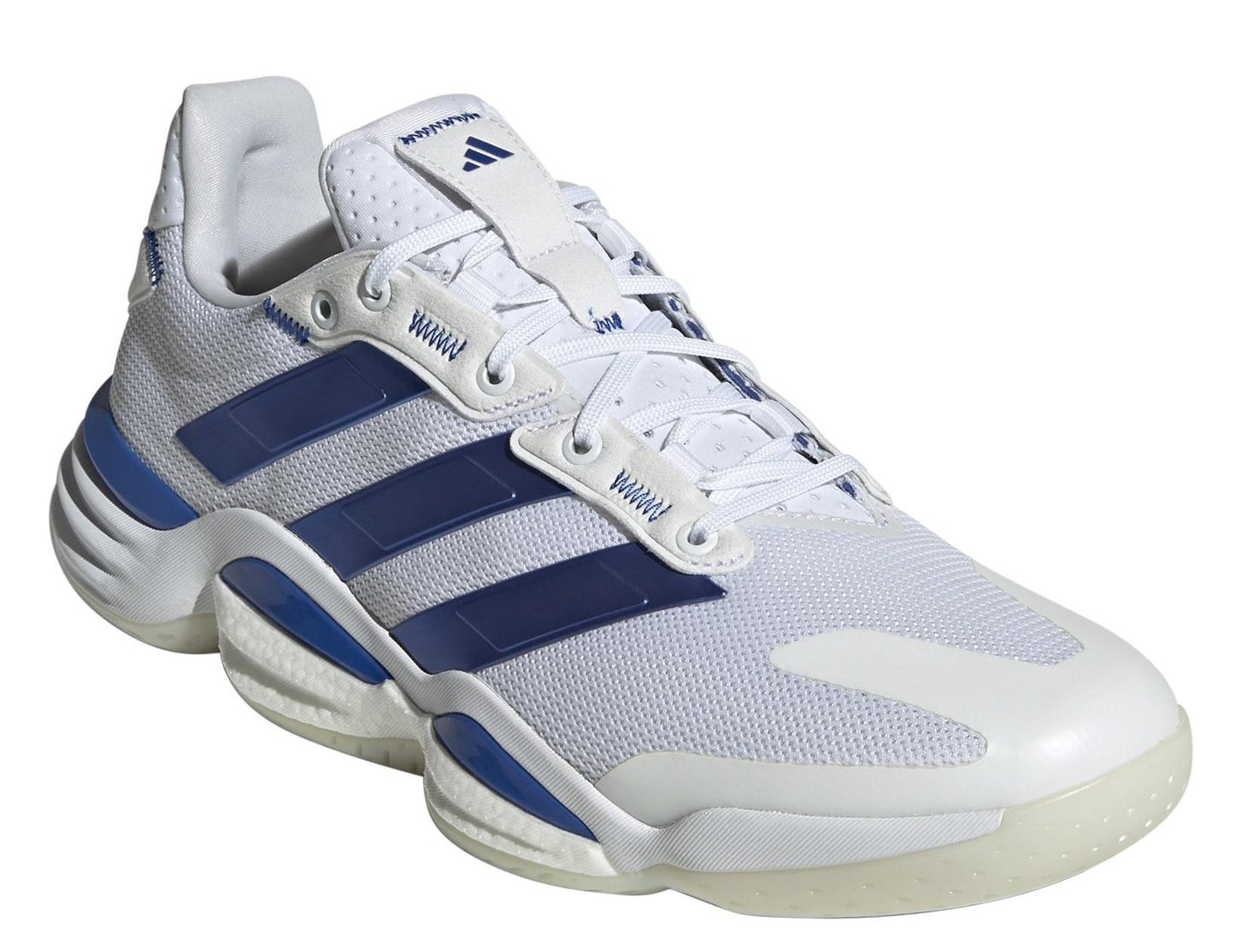 Explore the ADIDAS Stabil 16 Men's Padel Shoes in White/Blue. Featuring a BOOST midsole for top comfort, textured sole, and breathable mesh upper, these sustainable shoes by adidas offer both style and performance for athletes.