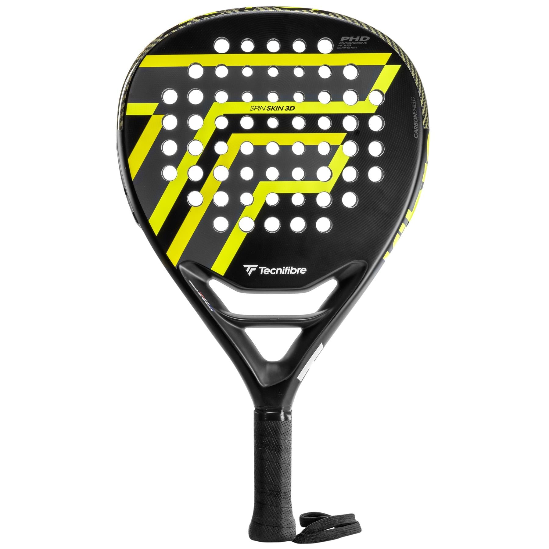 The Tecnifibre Wall Breaker 365 Padel Racket in black and yellow features a geometric design with round holes for maximum power. It includes a black grip handle with wrist strap, spin enhancement, and elegant branding.