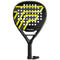 The Tecnifibre Wall Breaker 365 Padel Racket in black and yellow features a geometric design with round holes for maximum power. It includes a black grip handle with wrist strap, spin enhancement, and elegant branding.