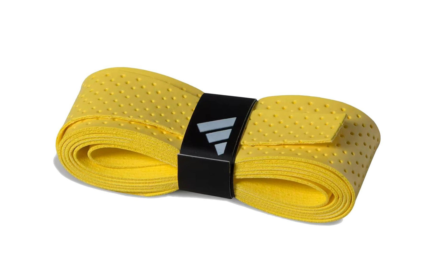 The ADIDAS Padel Overgrips (3 Pack) by adidas feature a coiled yellow design with a dotted texture for comfort and grip, secured by a black band with the white adidas logo.