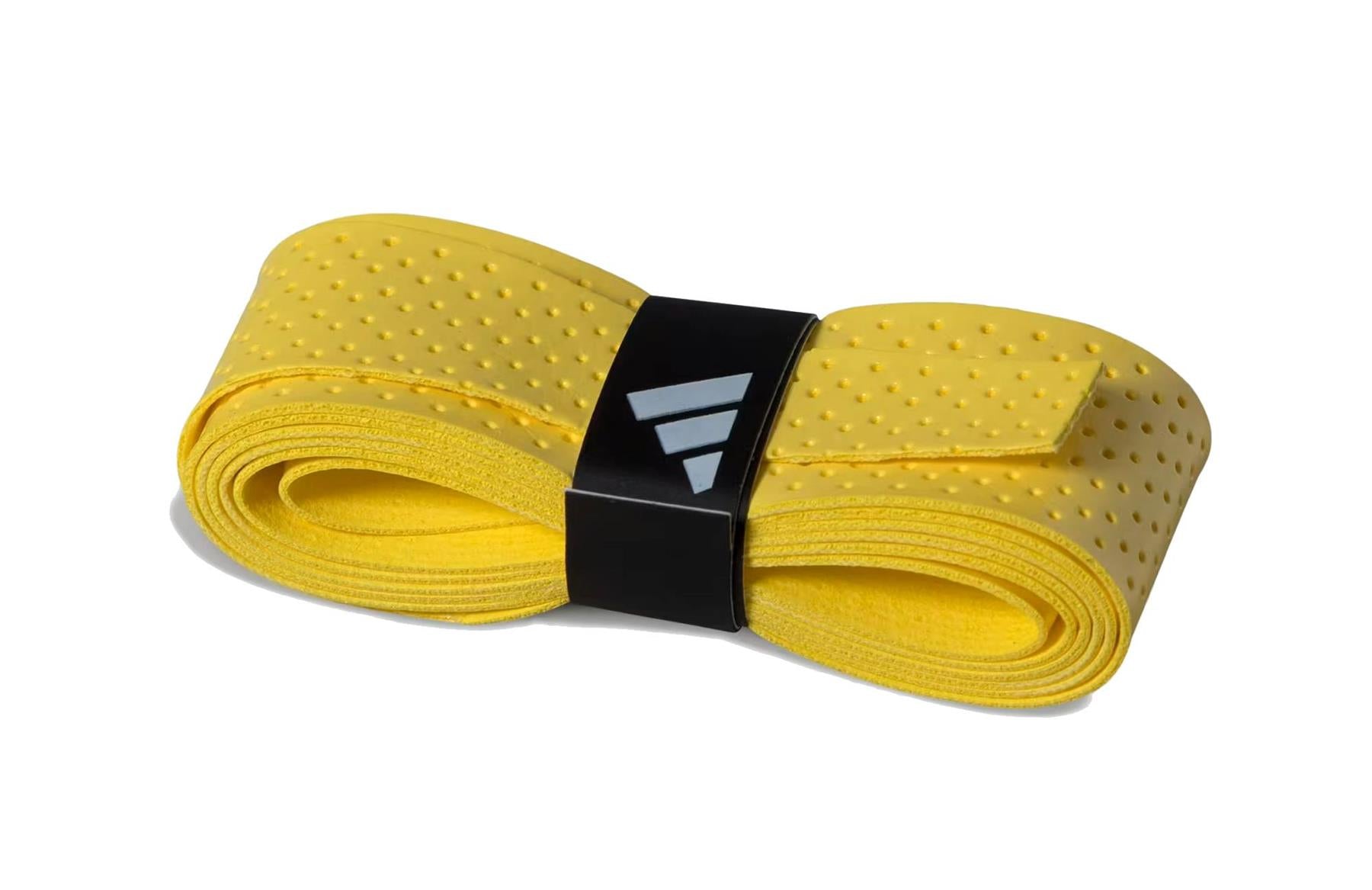 The ADIDAS Padel Overgrips (3 Pack) by adidas feature a coiled yellow design with a dotted texture for comfort and grip, secured by a black band with the white adidas logo.