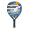 The Bullpadel Ionic Control 25 Padel Racket in blue features a striking design with orange accents, black grip, and a white signature at its core. The innovative XForce system enhances performance, circular holes add geometric flair, and "IONIC" is elegantly printed on top.