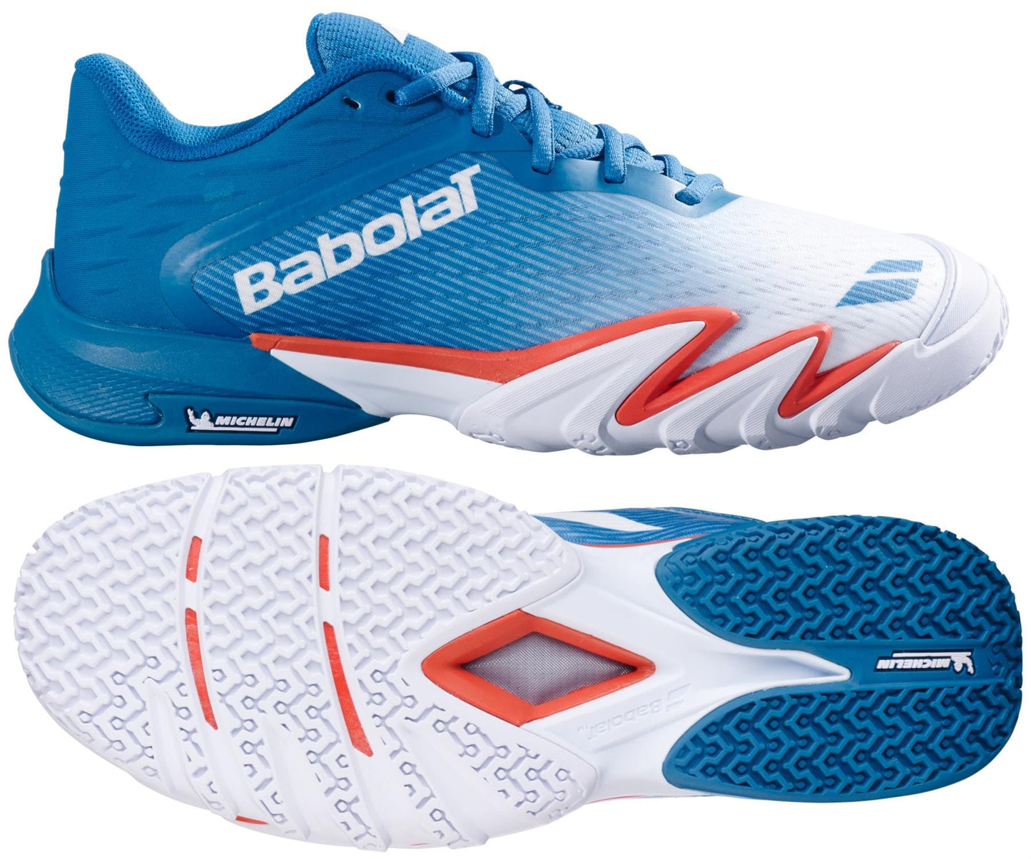The Babolat Premura 3 Mens Padel Shoes in Seaport feature a blue, white, and orange gradient design plus a Michelin-branded textured sole—ideal for top performance on the padel court.