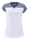 The Babolat Play Women's Padel Cap Sleeve Top in White and Blue Heather showcases a white front, complemented by a neckline trimmed in light blue and dark blue sleeves. Utilizing Fiber Dry technology, it guarantees comfort during intense matches. The Babolat logo is prominently positioned below the neck for an added touch of style.