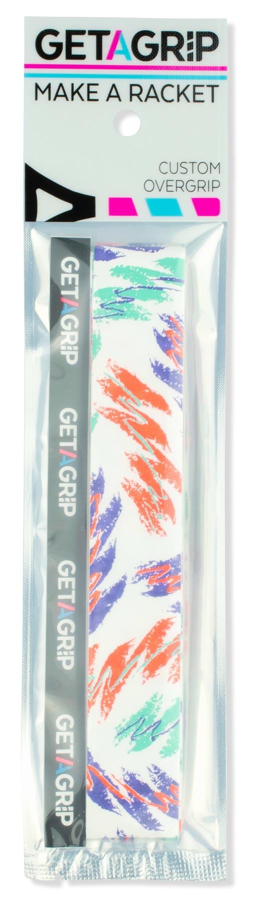 The Get A Grip Padel Overgrip - Baseline from Get A Grip features colorful abstract brushstroke patterns in orange, purple, and green—perfect for a premium padel grip experience.