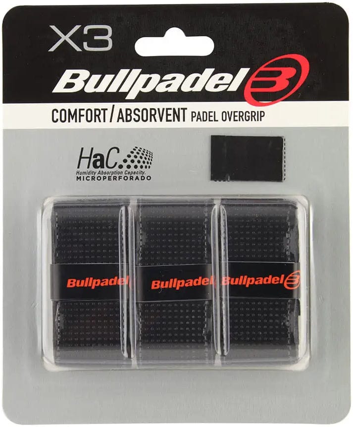 A pack of Bullpadel GB-1200 Padel Overgrips in black includes three comfort/absorbent grips for your padel racket, featuring clear Bullpadel branding and product details on the packaging.