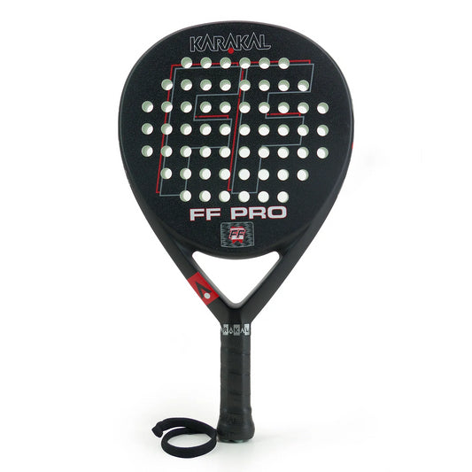 The Karakal FF Pro 375 Padel Racket - Black by Karakal features a sophisticated black and red design, perforations on the face that enhance spin shots, and a secure wrist strap on the handle.