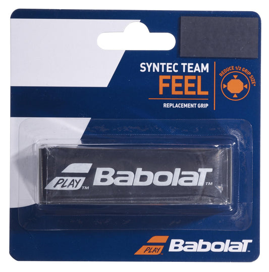 The packaging of the Babolat Syntec Team X1 Replacement Padel Grip in black features a predominantly blue design, accentuated with white and orange text and graphics that emphasize its thin grip. This design ensures maximized feel and improved racket feedback, enhancing both product features and brand visibility.