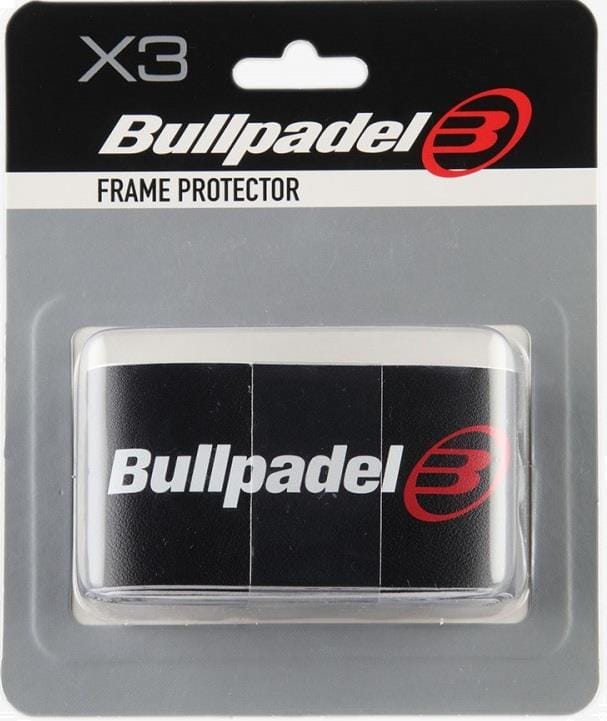 The Bullpadel Frame Protector X3 Padel Racket Protection Strip - Black features three black strips with the Bullpadel logo and red symbol, packaged in a clear case on black and gray backing for optimal padel racket protection.