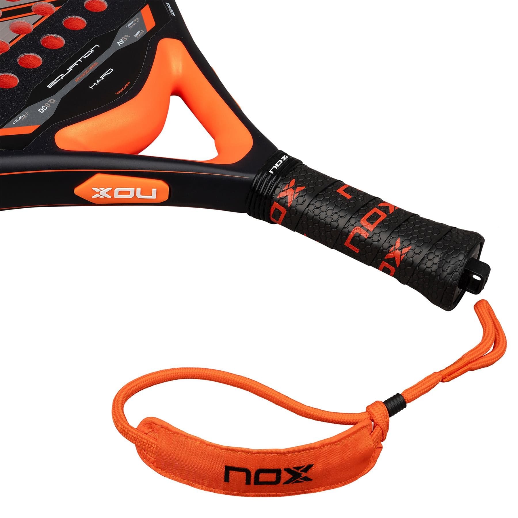 Close-up of the handle and lower part of a NOX Equation Hard Advanced 2026 Padel Racket with an orange and black design, black grip showing red NOX branding, anti-vibration system details, and an attached orange wrist strap.