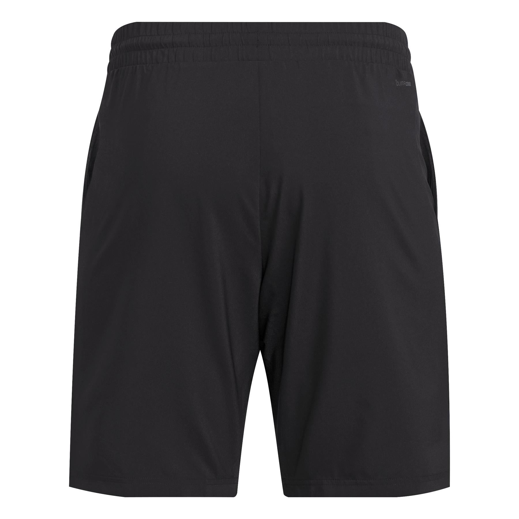 Discover the adidas Men's 3 Stripe Padel Shorts. Crafted from recycled materials, these black shorts offer an elastic waistband and side pockets for a comfortable, sustainable fit. Displayed on a plain white background, they blend style and functionality seamlessly.