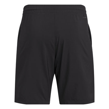 Discover the adidas Men's 3 Stripe Padel Shorts. Crafted from recycled materials, these black shorts offer an elastic waistband and side pockets for a comfortable, sustainable fit. Displayed on a plain white background, they blend style and functionality seamlessly.