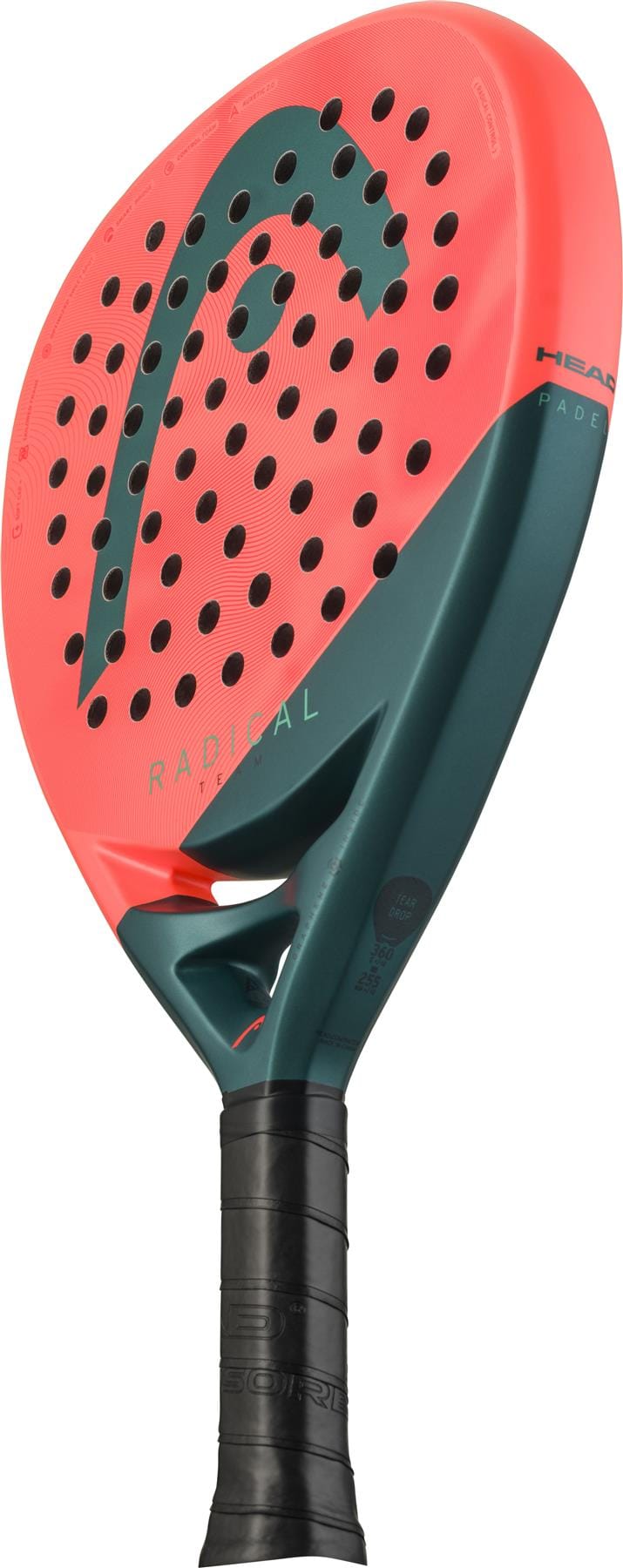 The HEAD Radical Team 2026 Padel Racket in orange and green features a perforated face, Control Foam for better playability, a black grip, and is branded with "HEAD" and "RADICAL" logos on the frame.