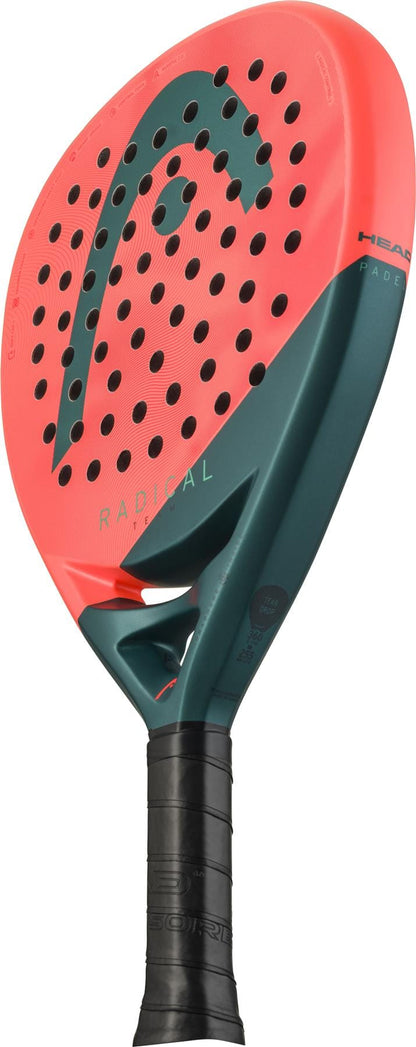The HEAD Radical Team 2026 Padel Racket in orange and green features a perforated face, Control Foam for better playability, a black grip, and is branded with "HEAD" and "RADICAL" logos on the frame.