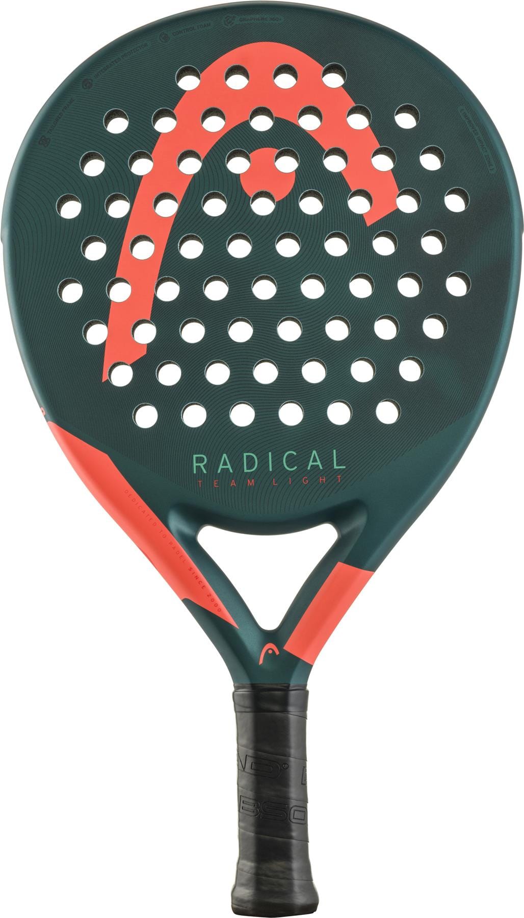 The HEAD Radical Team Light 2026 Padel Racket features a dark green and orange design, circular holes, a bold orange logo, and "RADICAL TEAM LITE" in white. Its lightweight build offers excellent agility and control on the court.