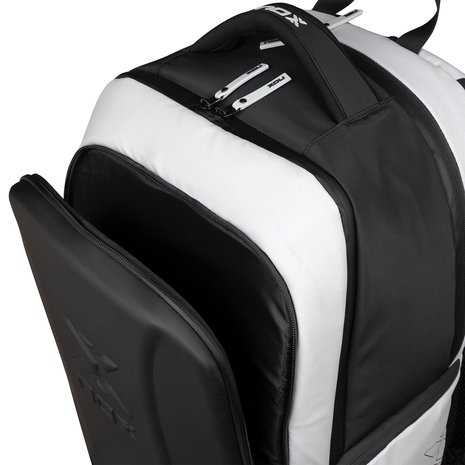 Close-up of the NOX Luxury Master Series Padel Backpack in black and white, featuring multiple zippered compartments—one partially open—showing spacious storage and detailed zipper pulls, perfect for carrying your padel gear.