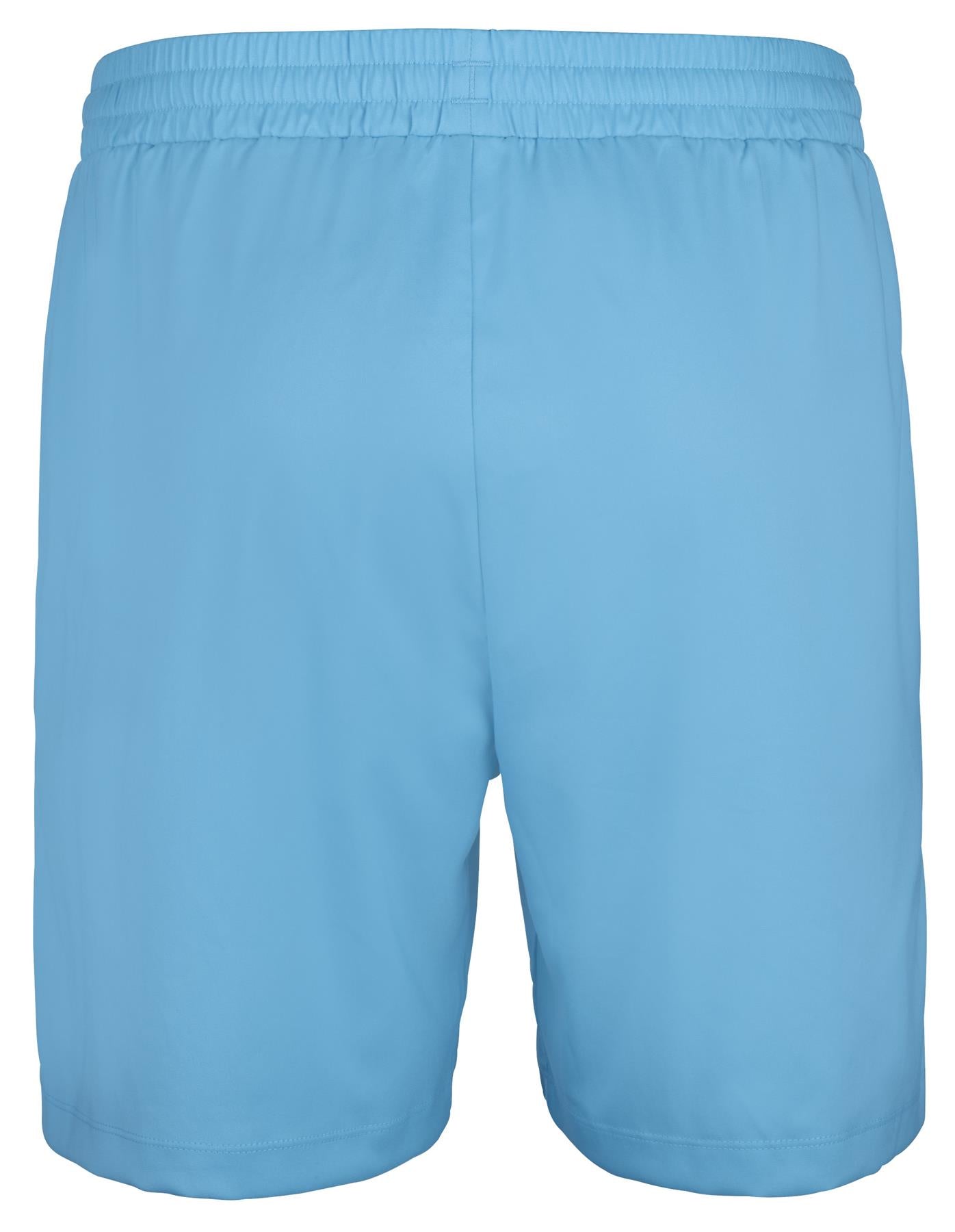 A pair of cyan blue Babolat Play Men's Padel Shorts is displayed from the back, highlighted by a smooth, lightweight recycled polyester fabric and an elastic waistband. These shorts are designed for 360 Motion, guaranteeing unrestricted movement during your game.