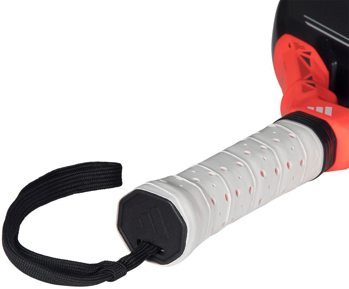 Close-up of the adidas Metalbone Team 2026 Padel Racket - Black / Red handle with a white grip, red accents, black strap, and part of its frame—an advanced racket featuring Spin Blade Gritt for better control.