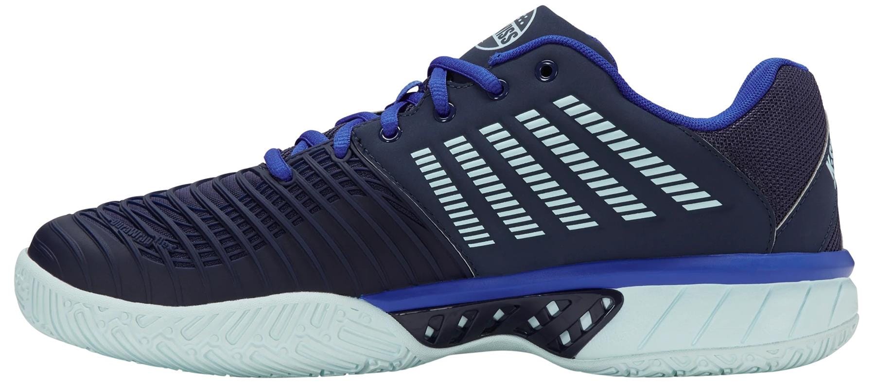 The K-Swiss Express Light 3 Men's Padel Shoes in Naval Academy/Ice Castle/Dazzling Blue feature a navy and light blue design with white stripes, blue laces, and a white textured sole—combining performance and style for the padel court.