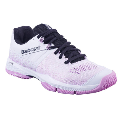 The Babolat Sensa Womens Padel Shoes in White/Lilac feature black laces, a textured Michelin rubber sole, mesh upper for breathability, and display the Babolat logo on the side.