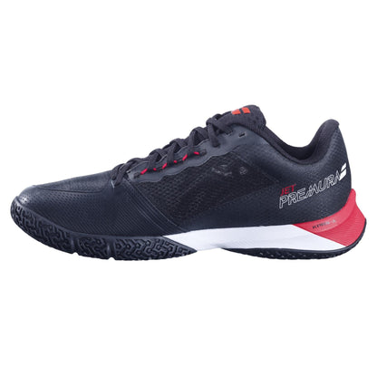 The Babolat Jet Premura 2 Men's Padel Shoes in Black/Tomato Red feature a textured sole and "JET PREMURA" printed on the side, combining sporty style with performance.