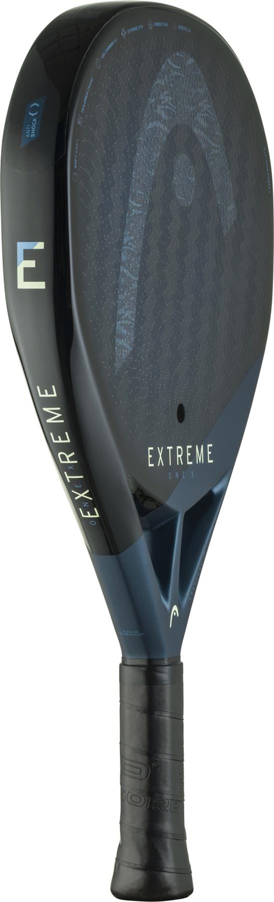 The HEAD Extreme One X 2025 Padel Racket in black/blue features "EXTREME" and an “E” printed design, a textured 12K Carbon Fibre surface, Power Foam core, and a wrapped handle.