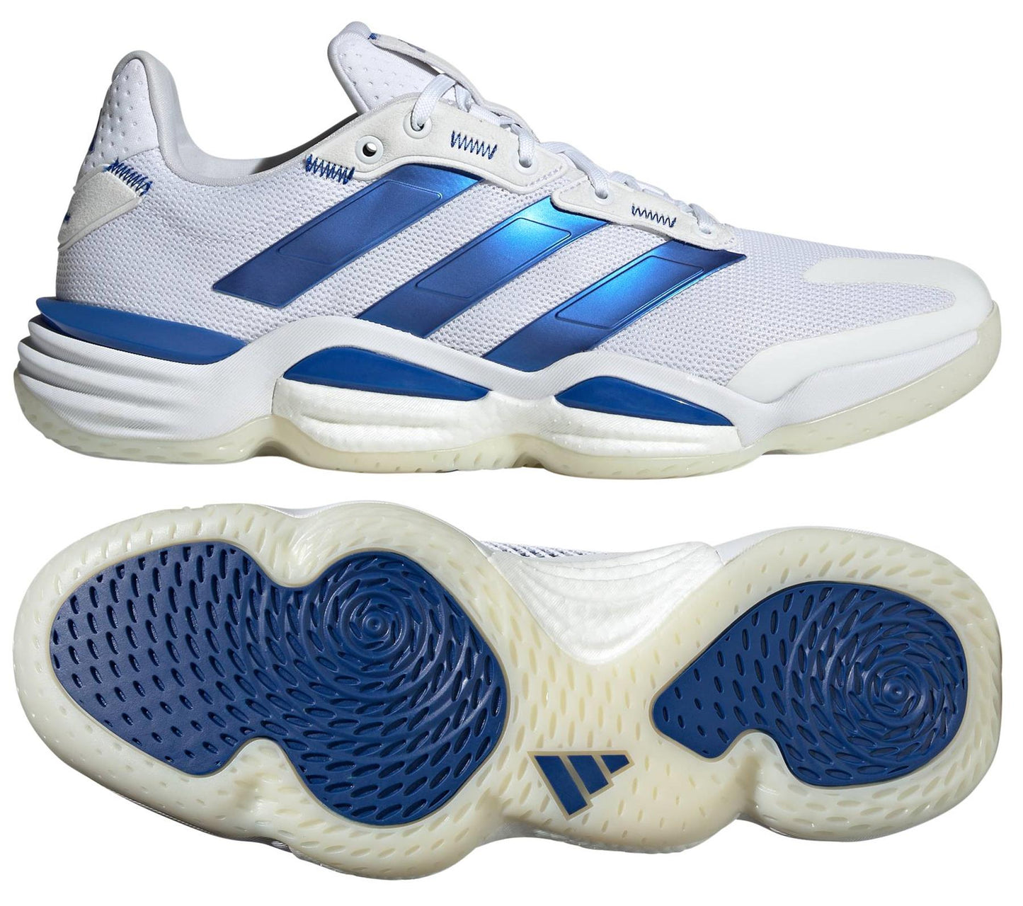 ADIDAS Stabil 16 Men's Padel Shoes in white and blue boast a sleek design. The top view displays blue stripes, while the sole features blue circular patterns with a logo. Enhanced by BOOST midsole for ultimate comfort, embodying classic adidas flair.