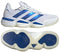 ADIDAS Stabil 16 Men's Padel Shoes in white and blue boast a sleek design. The top view displays blue stripes, while the sole features blue circular patterns with a logo. Enhanced by BOOST midsole for ultimate comfort, embodying classic adidas flair.